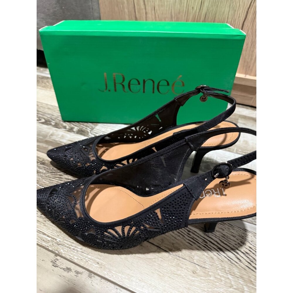 J. Renée Womens Vanani Black Rhinestone Slingback Kitten Heels 11M Elegant Party